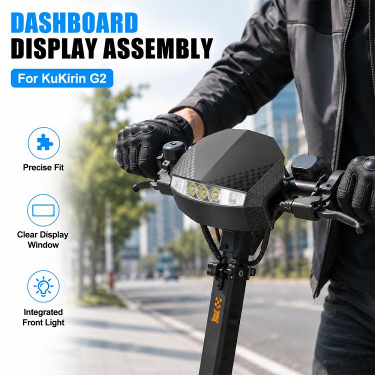 Scooter dashboard display assembly held in place with front LED lens strip