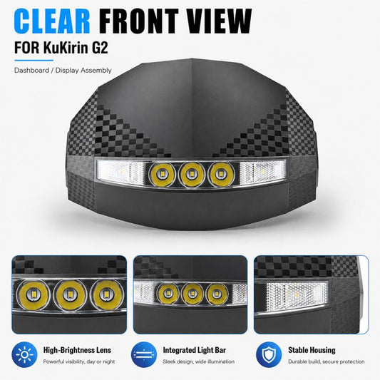 Scooter dashboard display assembly clear front view with triple yellow LED circles