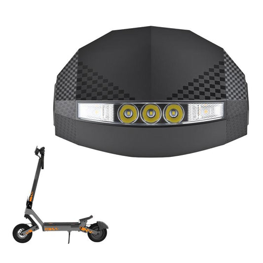 Scooter dashboard display assembly with checkered sides and front LED light bar