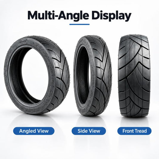 Set of black scooter tires showing angled, side, and front tread views