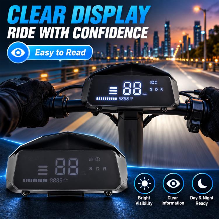 Black scooter dashboard with clear digital screen and LED-style numeric readout