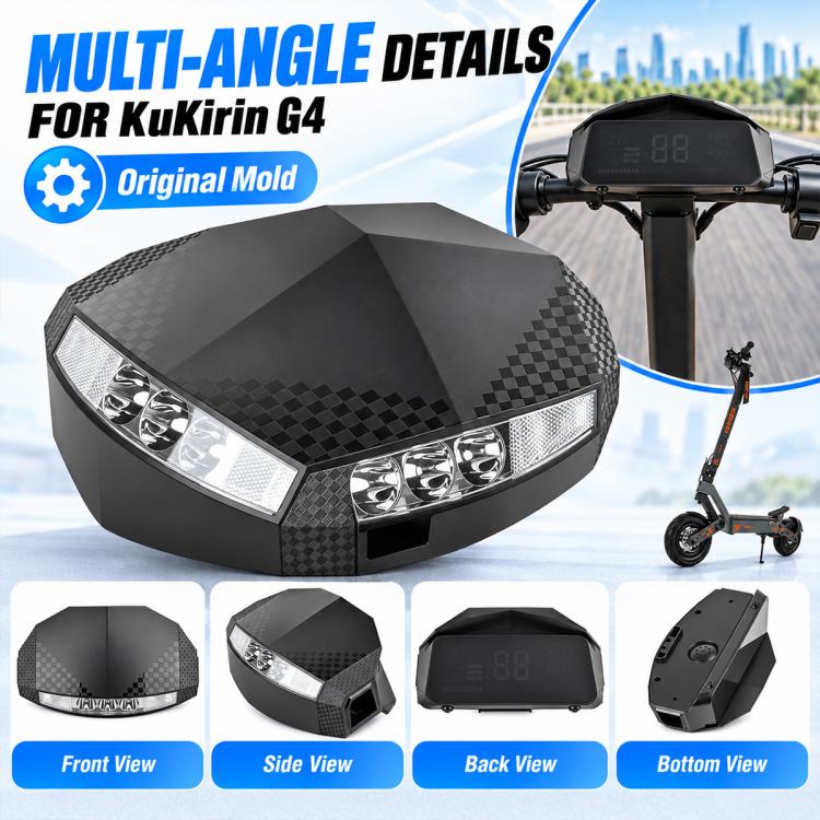 Black scooter dashboard housing with checkered front and LED headlight details