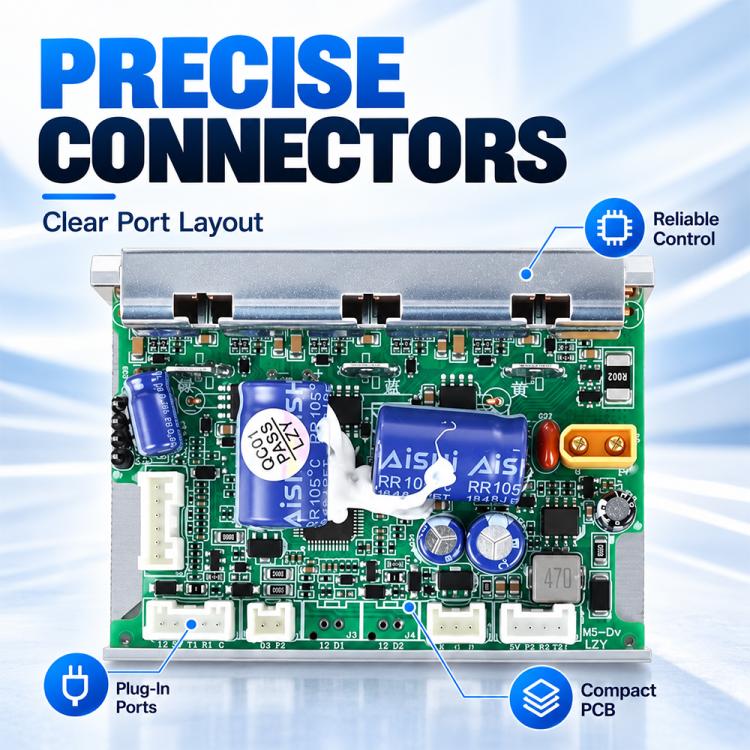 Electric scooter controller PCB top view with circuit components and plug-in port connectors