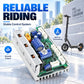 Electric scooter controller PCB angled view with blue capacitors, white plugs, and orange terminal