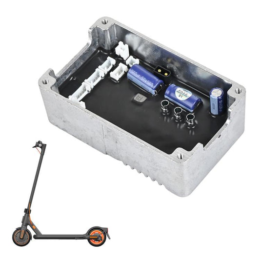 Electric scooter controller circuit board inside gray metal housing, blue capacitors and connectors