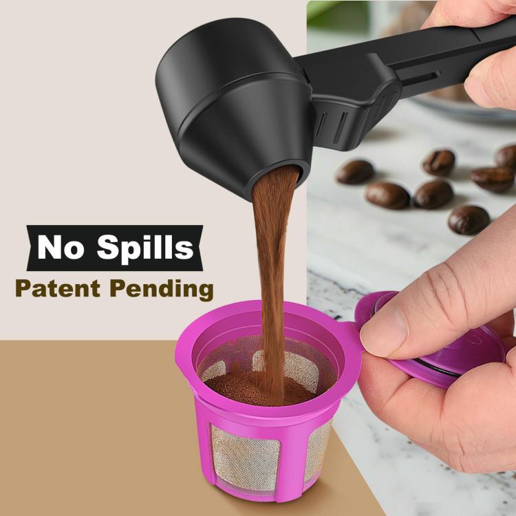 LsCook no-spill coffee scoop spoon pouring grounds into purple no-mess container