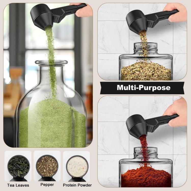 LsCook no-spill scoop spoon pouring green tea leaves and spices into glass jars