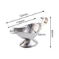 Stainless steel sauce boat with loop handle and pedestal base; size diagram shown