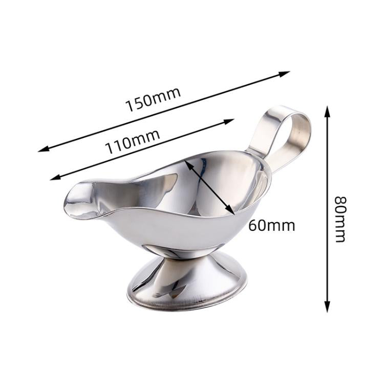 Stainless steel sauce boat with loop handle and pedestal base; size diagram shown