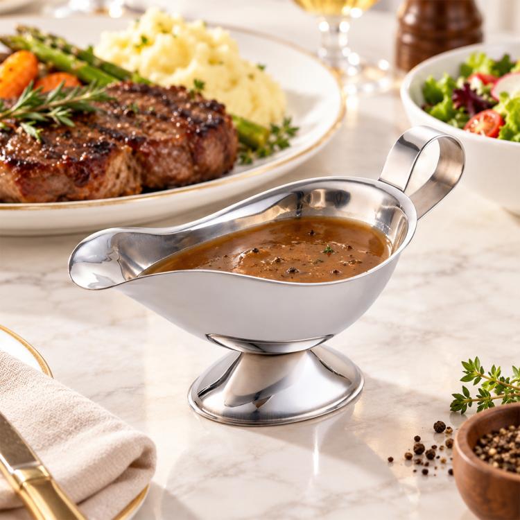 Stainless steel sauce boat with spout and handle, holding brown gravy with herb specks