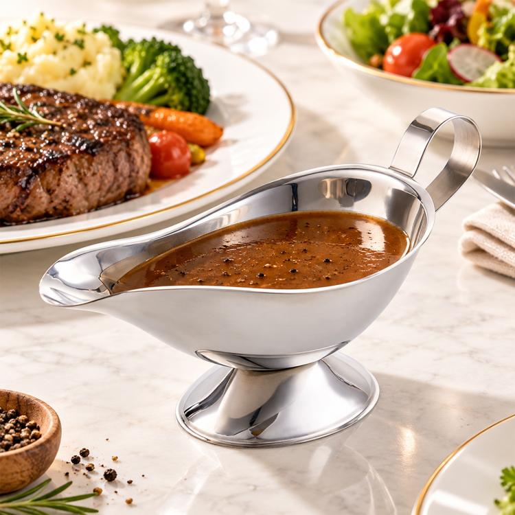 Stainless steel sauce boat with spout and handle, filled with brown gravy