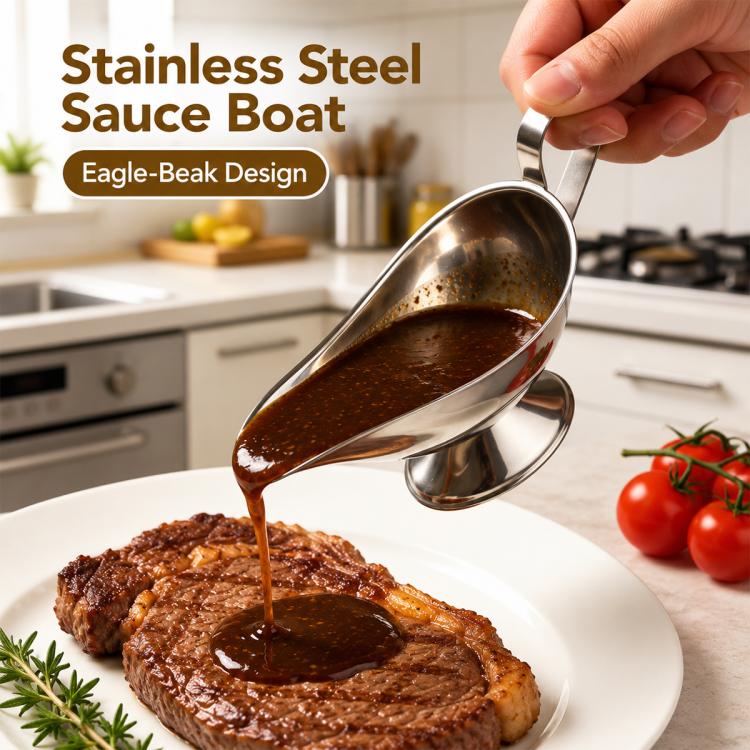 Stainless steel sauce boat with spout, pouring brown sauce onto a steak plate