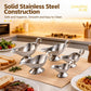 Set of stainless steel sauce boats with spouts and loop handles on a serving tray