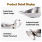Stainless steel sauce boat details: eagle-beak spout, polished handle, oval stable base