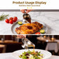 Stainless steel gravy boat with curved spout, pouring sauce for serving.