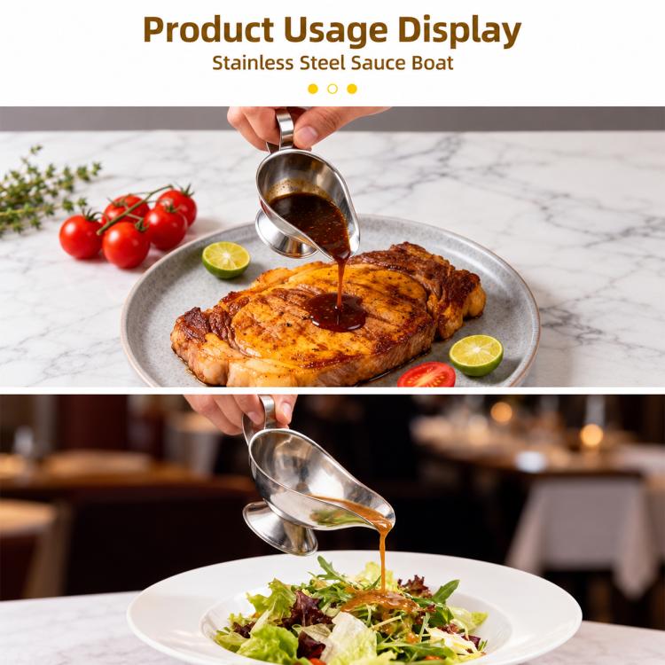Stainless steel gravy boat with curved spout, pouring sauce for serving.