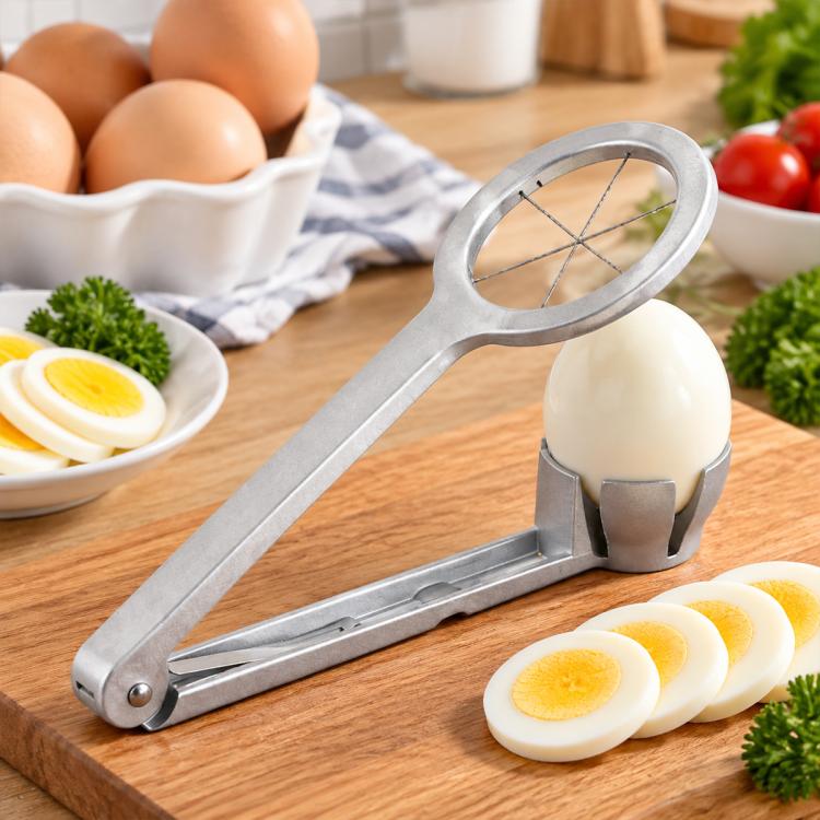 Aluminum egg slicer with circular blade and cradle for holding a hard-boiled egg