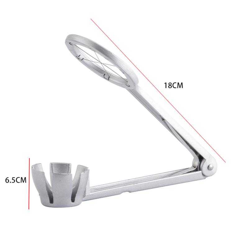 Aluminum egg slicer tool with cradle and round slicing head, shown open