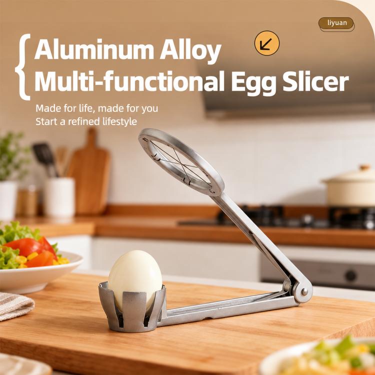 Aluminum multi-functional egg slicer tool with round slicing head and egg cradle