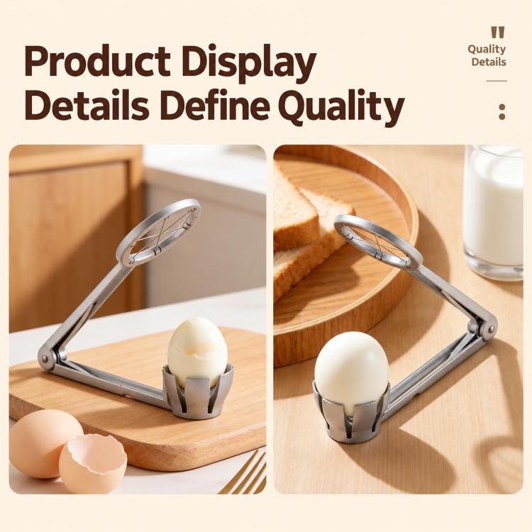 Aluminum egg slicer showing cradle holding a hard-boiled egg on a wooden board