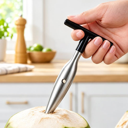 Stainless steel coconut opener with black handle and pointed blade for prying coconut