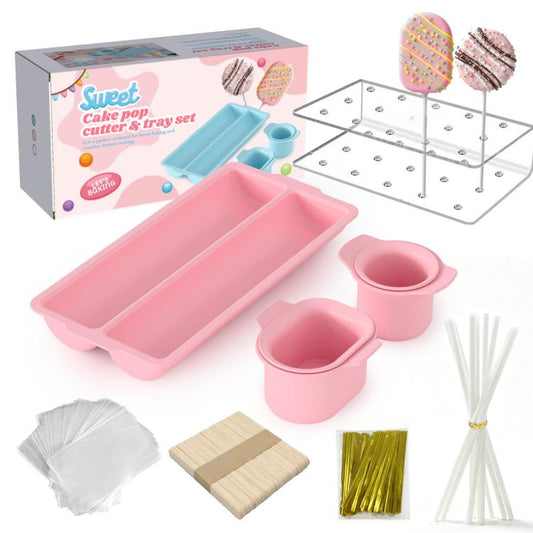 Pink lollipop cake pop cutter kit with tray, cup molds, skewers, and accessories