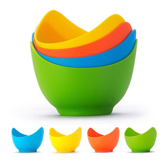 Silicone egg poacher cups set, stacked green, orange, blue, and yellow cups