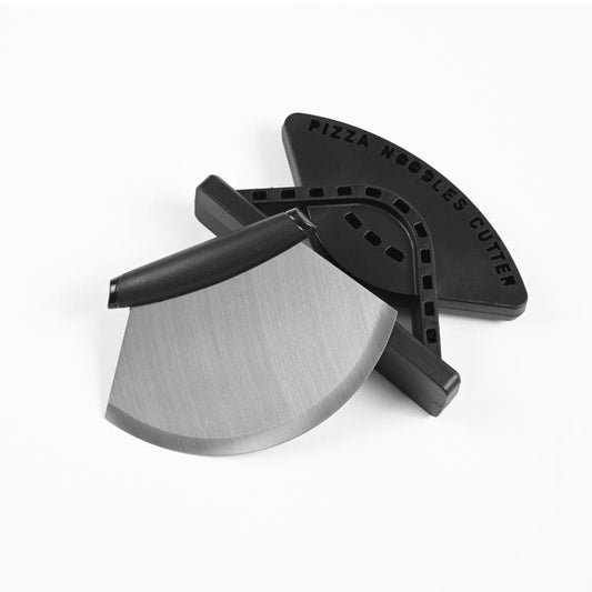 Pizza cutter with curved stainless blade and black handle resting on stand