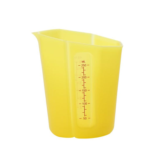 Yellow silicone collapsible measuring cup with ml scale and red graduation markings