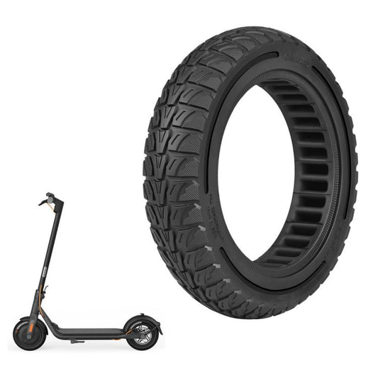 Black solid scooter tire, 10-inch, chunky tread, vented inner rim