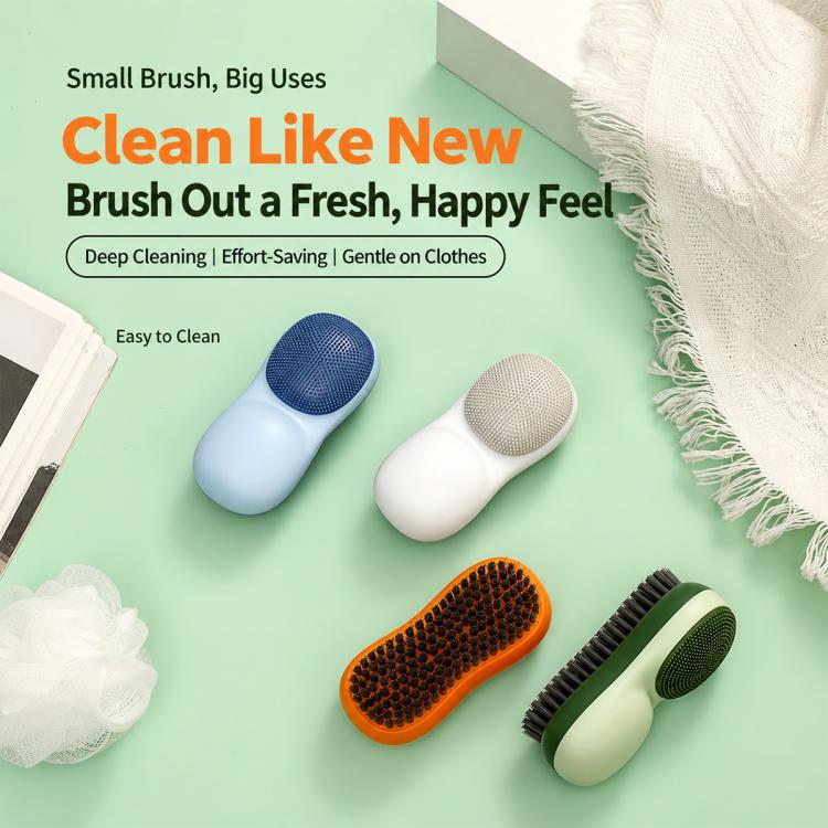 Assorted double-sided laundry brushes in blue, white, orange, and green