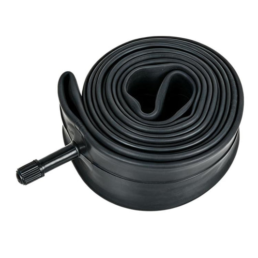Black bicycle inner tube coiled with attached valve stem
