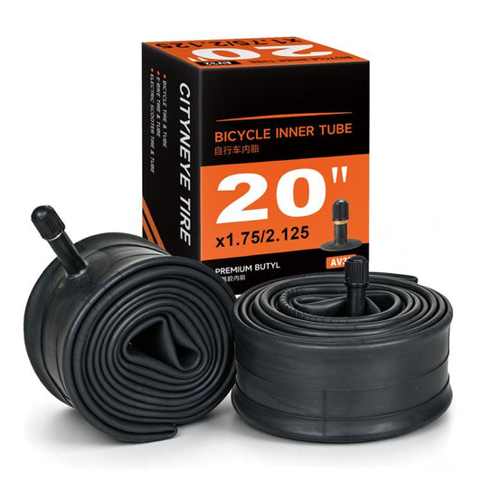 Black bicycle inner tube pack with multiple coiled tubes and AV32 American valve stems.