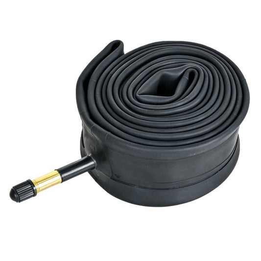 Black bicycle inner tube coil with Schrader-style valve stem