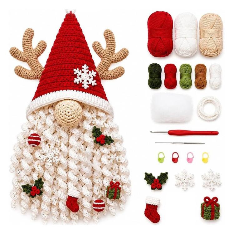 Red and white crochet gnome-style door hanger with snowflake and candy accents