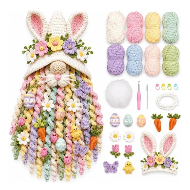 Crochet bunny-eared door hanger with pastel flowers and striped carrot accents, craft kit