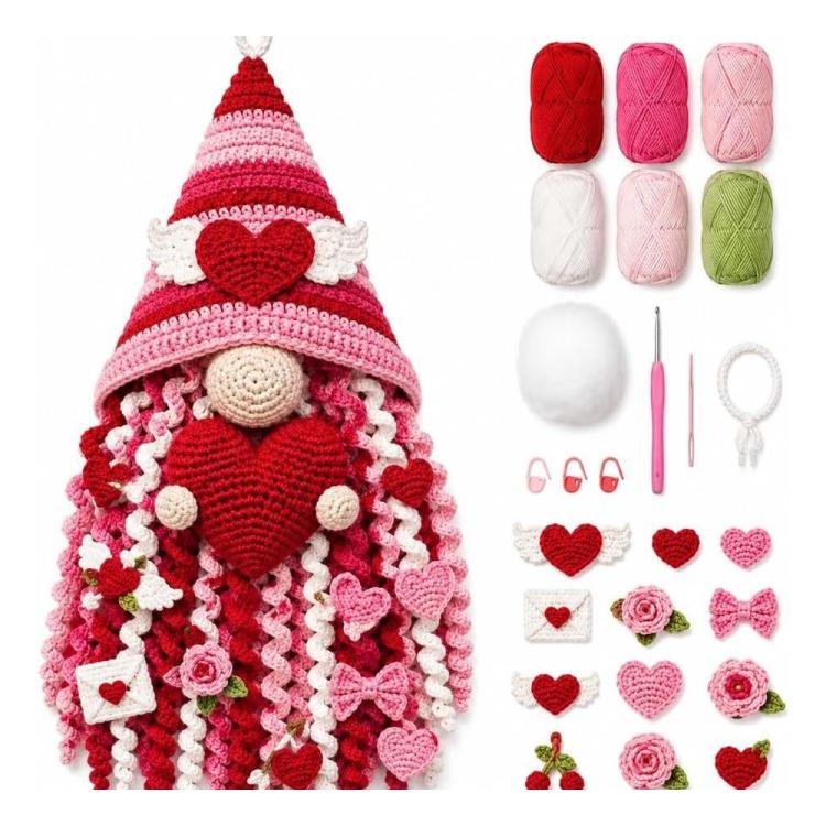 Pink and red crochet gnome door hanger with hanging loop and heart-themed appliques