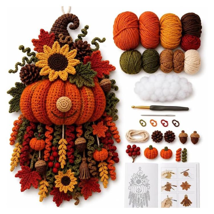Orange pumpkin crochet door hanger with autumn leaves, sunflowers, and acorn accents