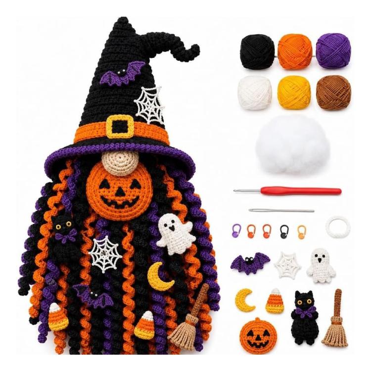Black and orange crochet Halloween witch door hanger with jack-o’-lantern face and ghost