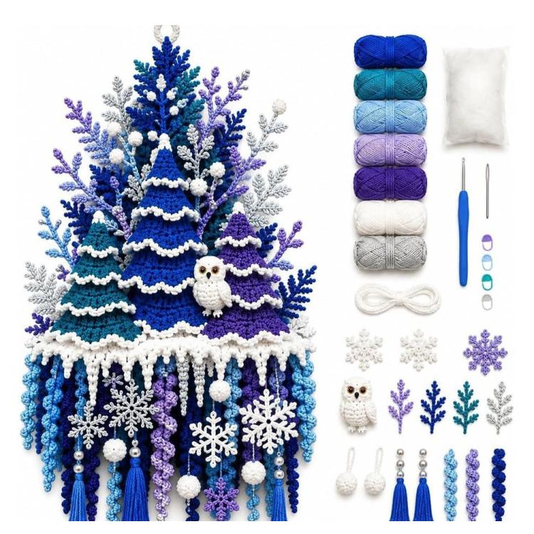 Blue and purple crochet winter tree door hanger with snowflake decorations and owl