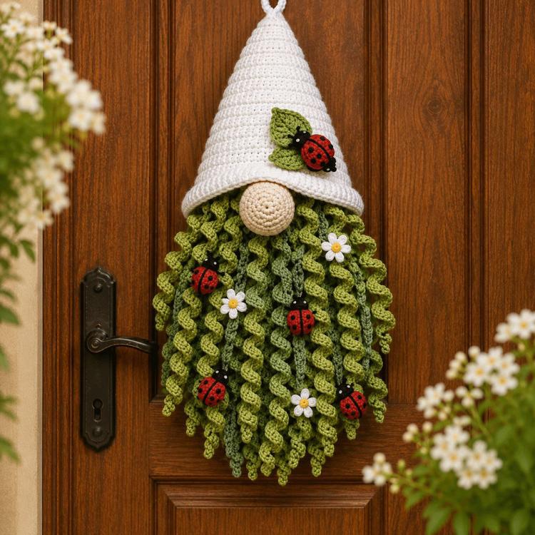White and green crochet ladybug door hanger with flowers and dangling ladybug details