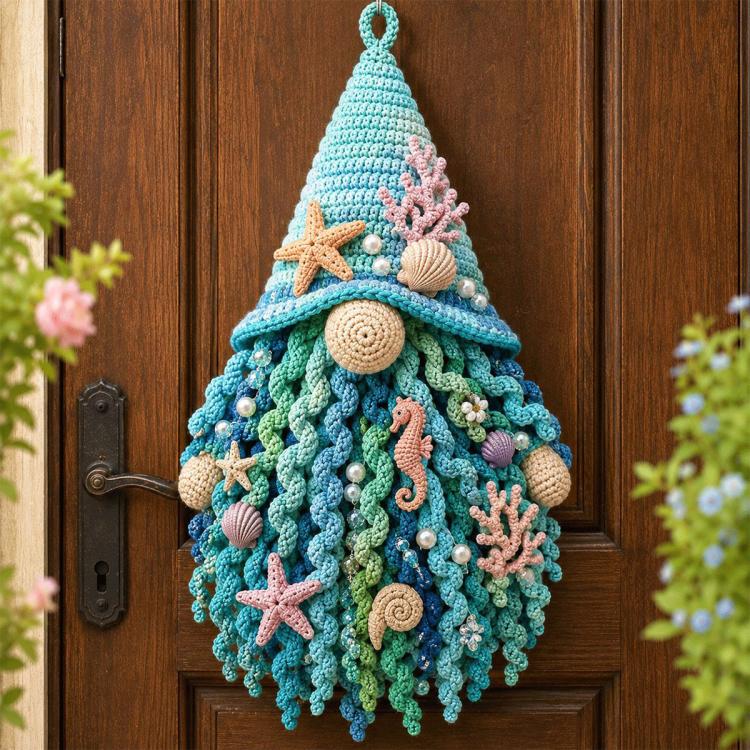 Light blue crochet ocean door hanger with starfish, seashells, and hanging loop