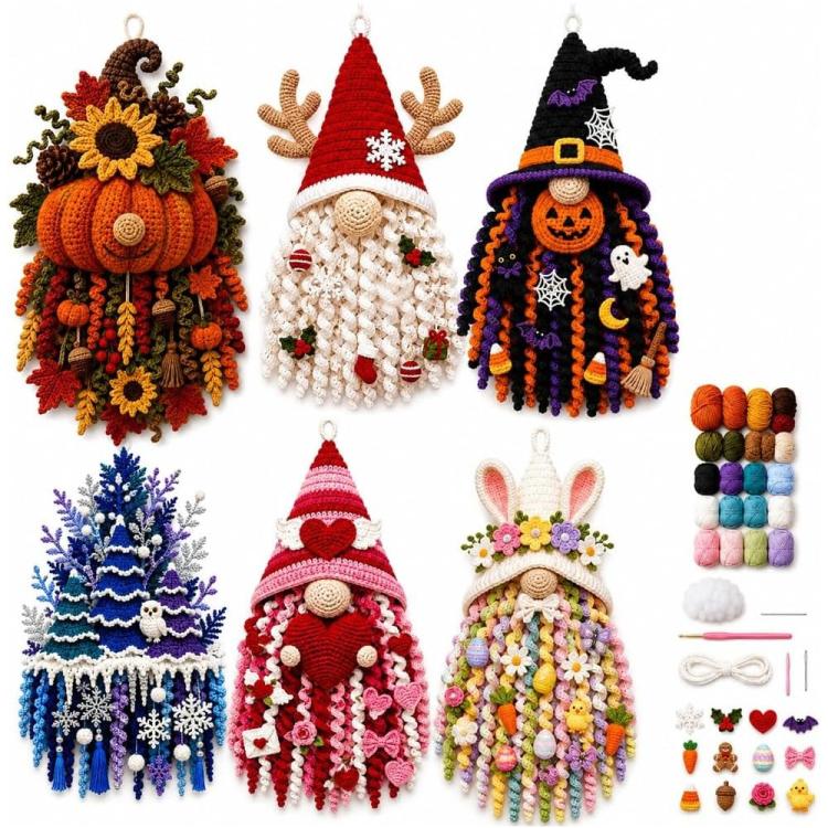 Assorted crochet door hanger ornament set with pumpkin, gnome, witch, and winter designs
