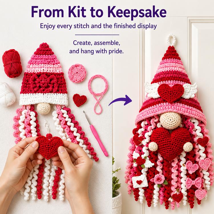 Red and white 3D crocheted door hanger with heart accents and striped skirt