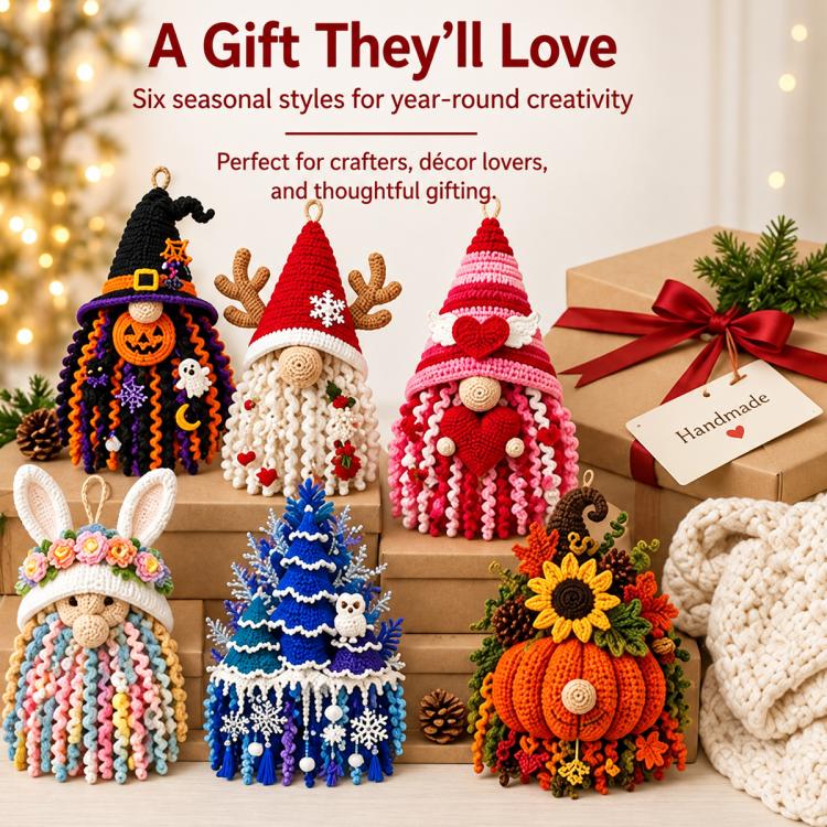 Colorful set of 3D crocheted door hangers with seasonal themed ornaments