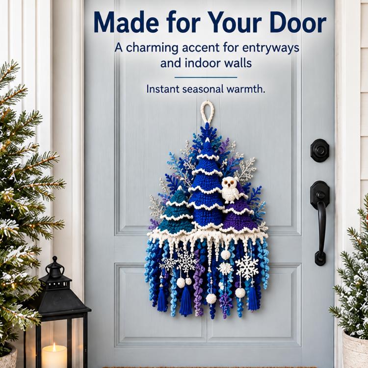 Blue and white 3D crocheted door hanger with snowflake top and dangling ornaments