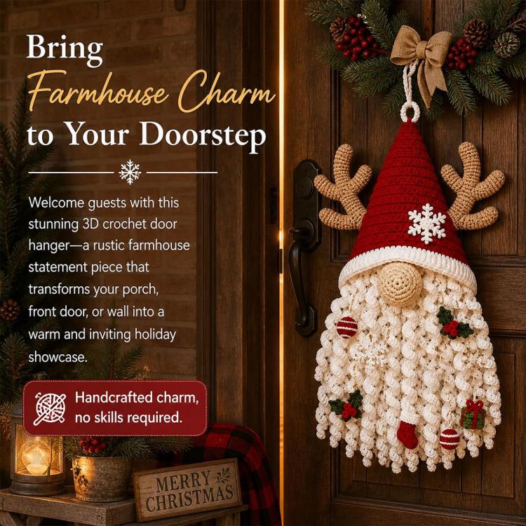 Red and white 3D crocheted door hanger with round face and snowflake accents
