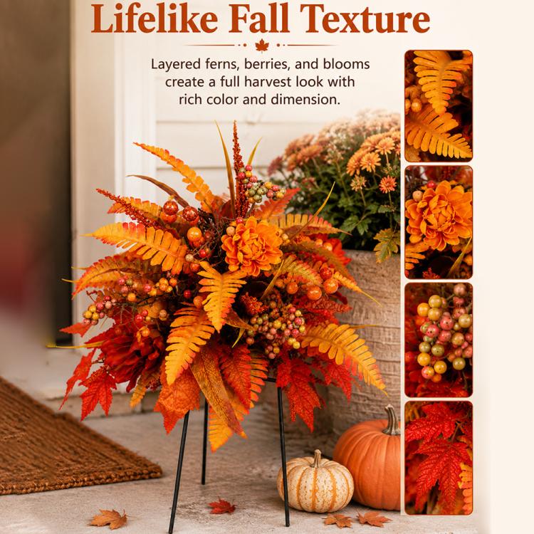 Orange-red fall floral garden stake arrangement with layered fern leaves and berry clusters