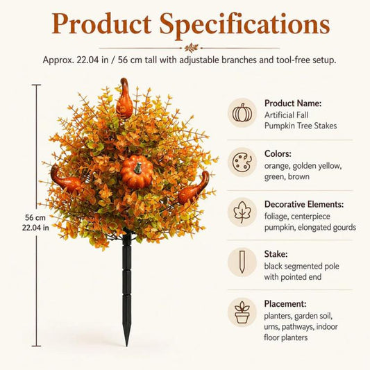 Artificial fall pumpkin tree stake with black segmented pole and pointed stake end