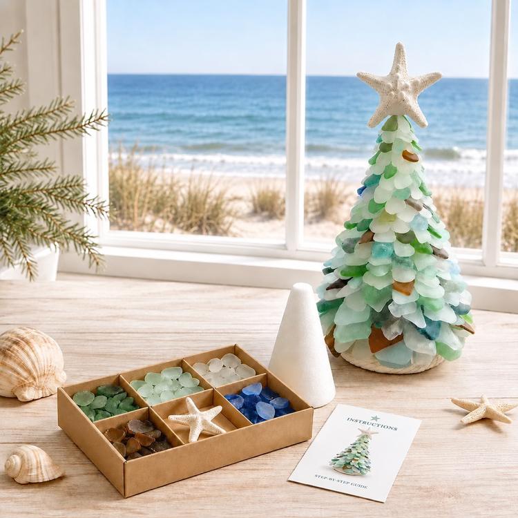 DIY sea glass Christmas tree craft with star topper and green-blue glass pieces